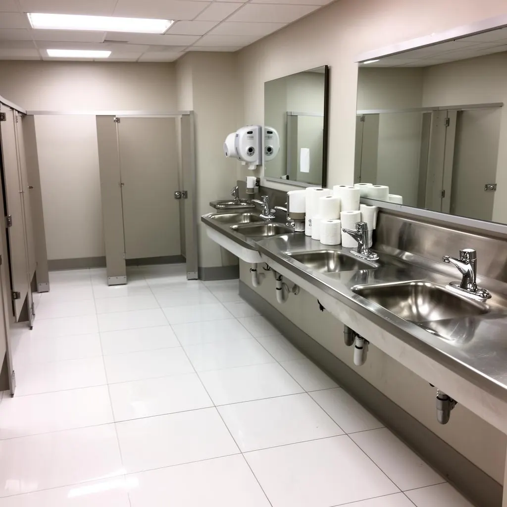Sparkling commercial restroom with disinfected tile and polished stainless sinks after janitorial service