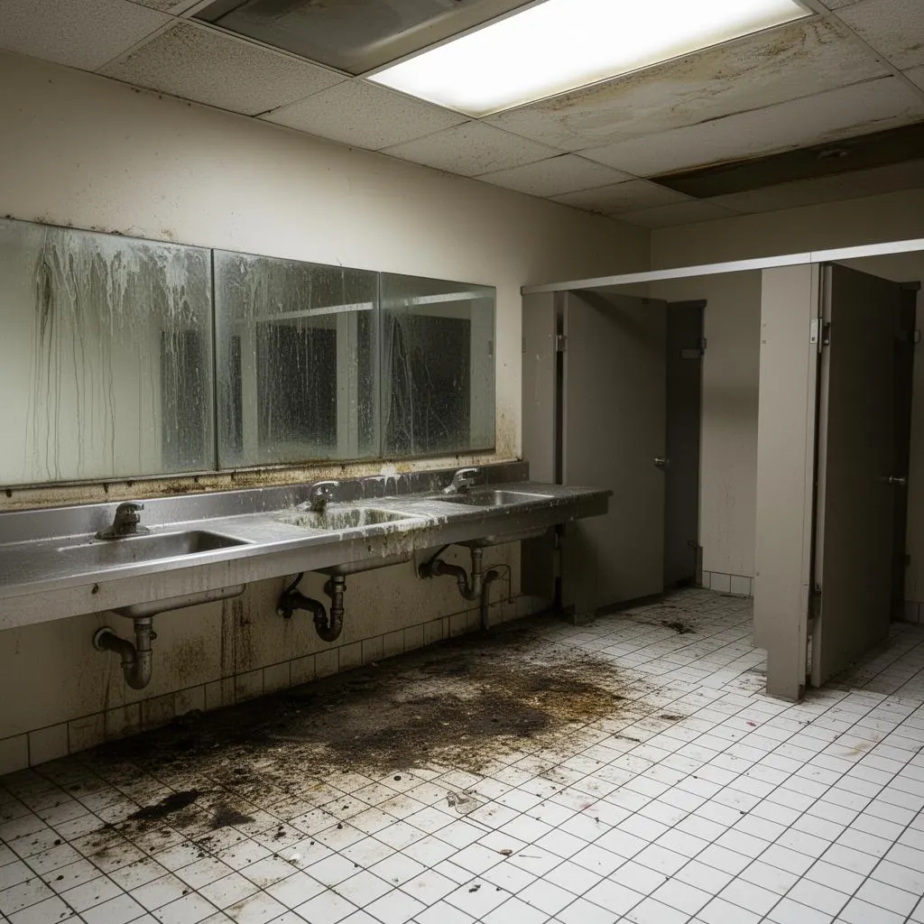 Dirty commercial restroom with stained tile and soap-scum sinks before cleaning