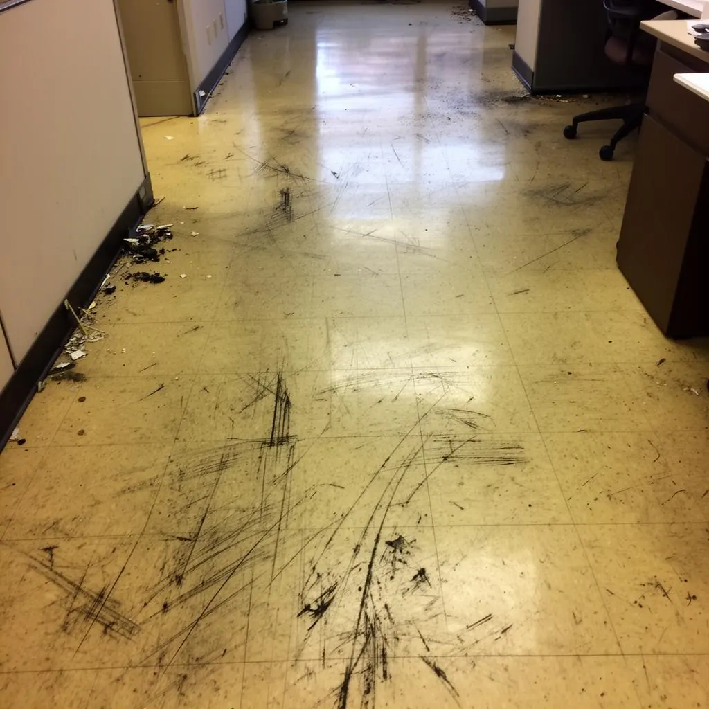 Scuffed yellowed office vinyl floor before strip and wax
