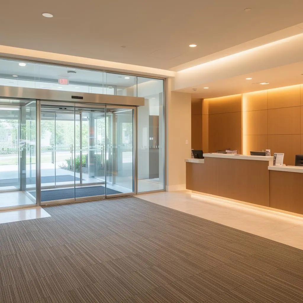 Streak-free glass entry and fresh vacuumed carpet in lobby after cleaning