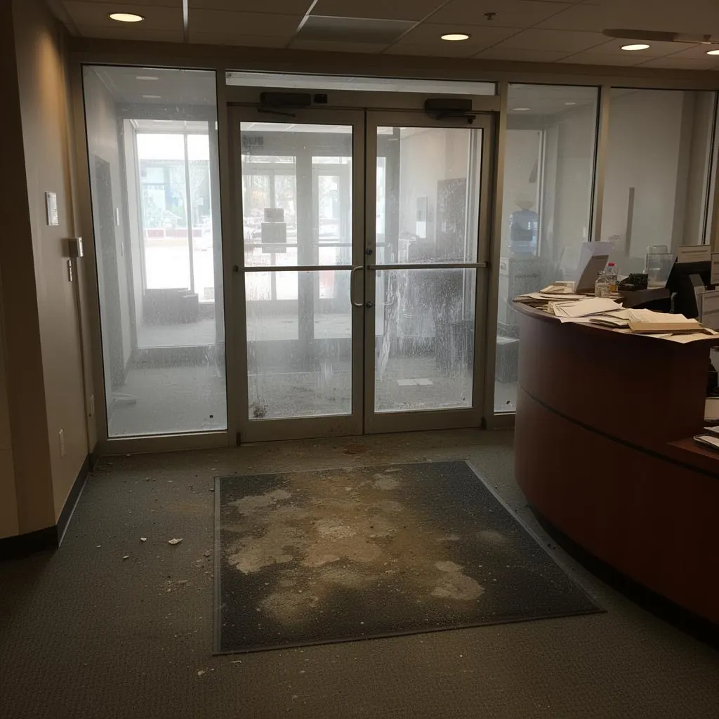 Smudged glass entry and dirty carpet in corporate lobby before cleaning