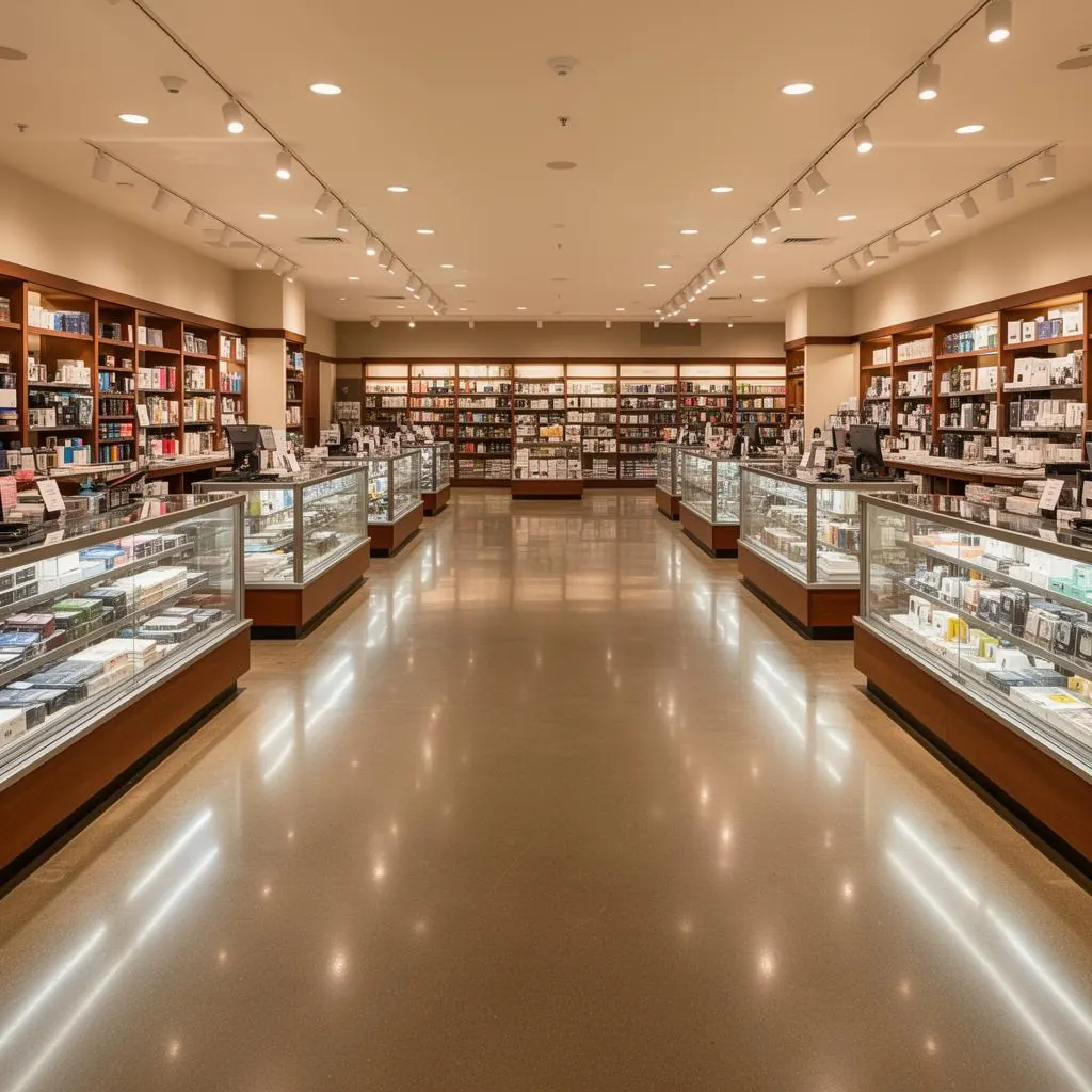 Polished retail store with mirror-shine floor and organized merchandise after cleaning