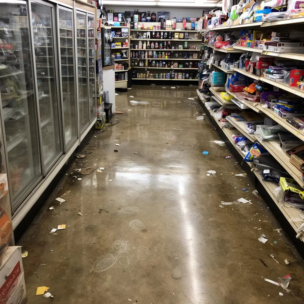 Cluttered retail aisle with debris on floor before cleaning